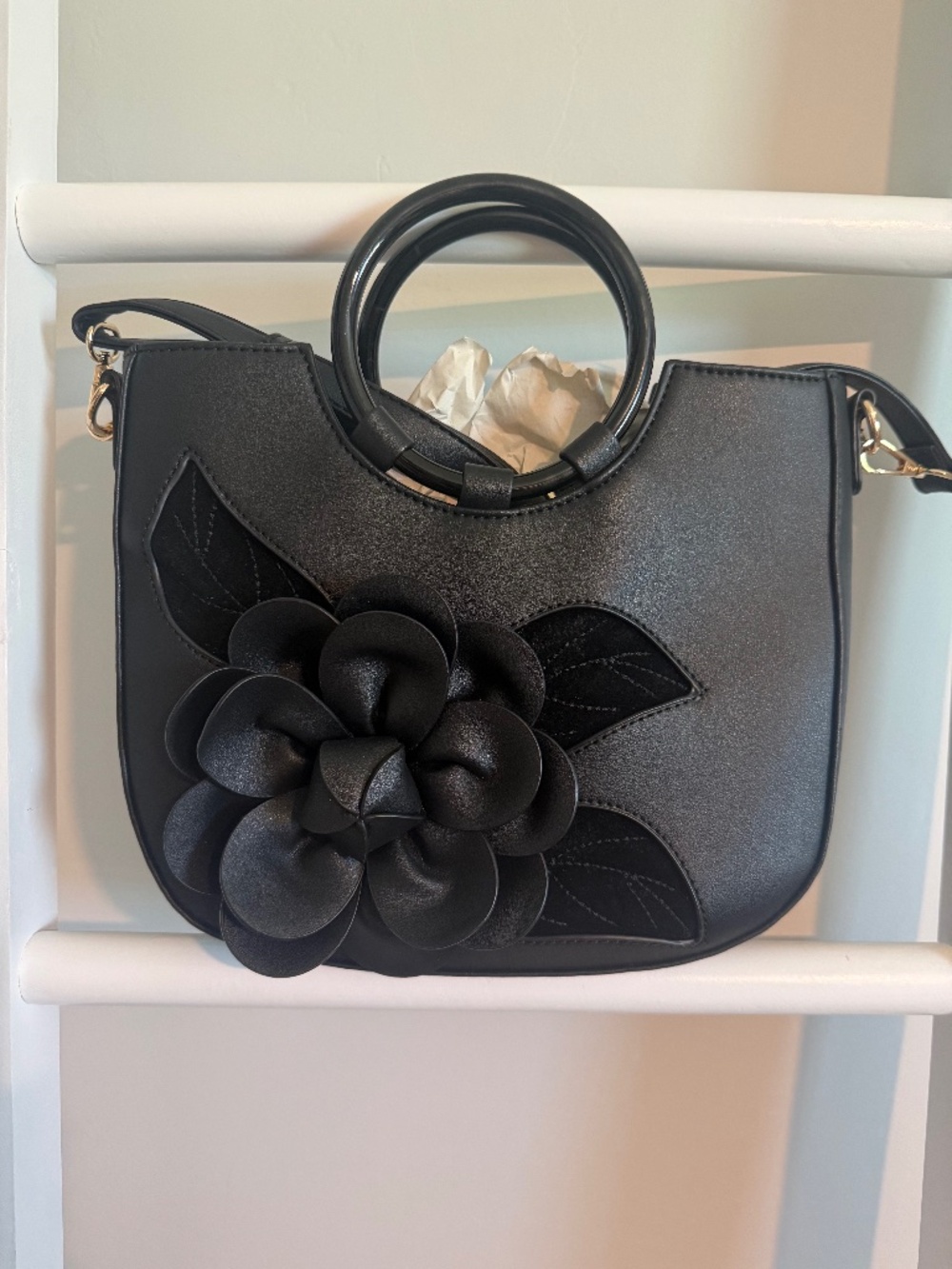 Versona Black Polyurethane with Floral Accent Purse with Shoulder Strap